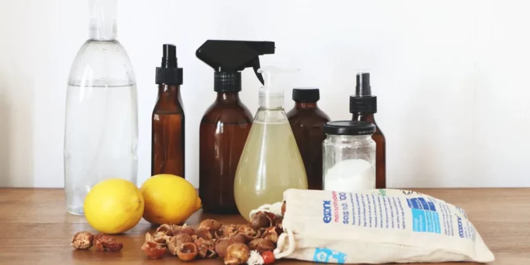 home cleaning products on wooden table