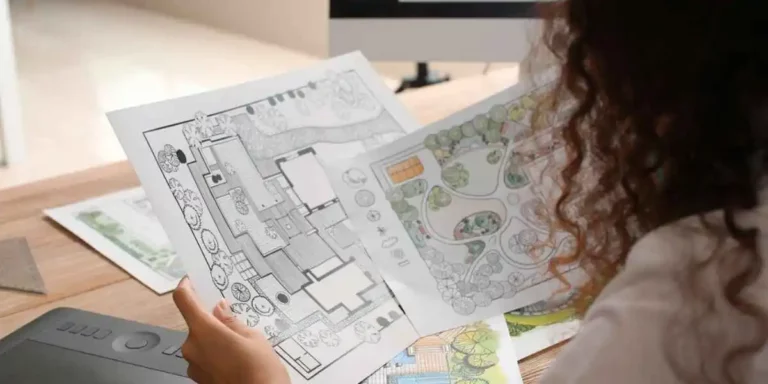 A women hold different landscaping drawings