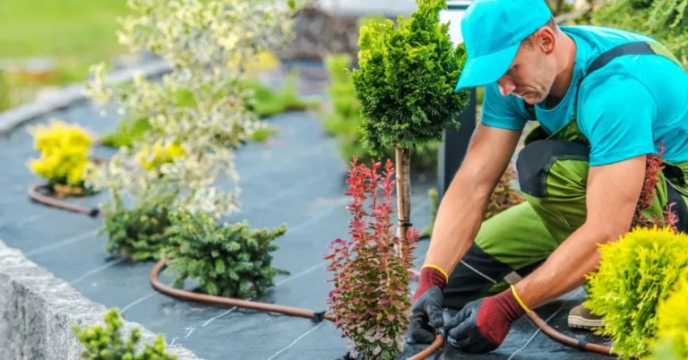 A professional gardener installing a drip irrigation system in a well-maintained outdoor space, ensuring efficient water distribution for a lush and thriving landscape & irrigation setup.